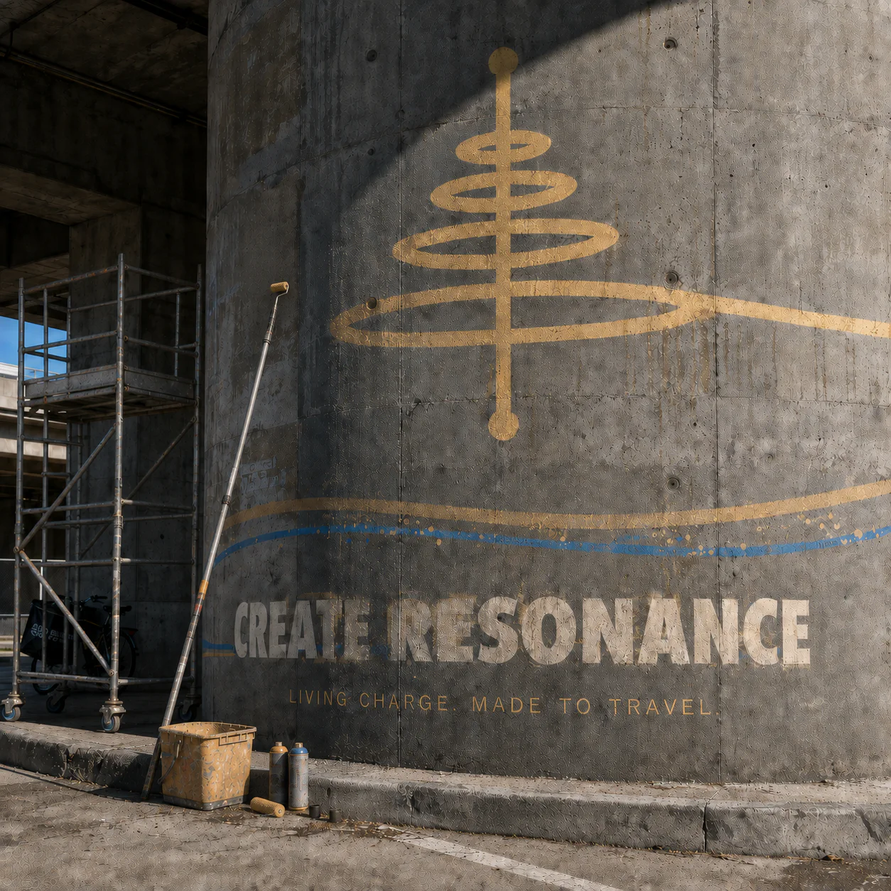 CREATE RESONANCE — Living Charge visual study with paint roller and scaffold
