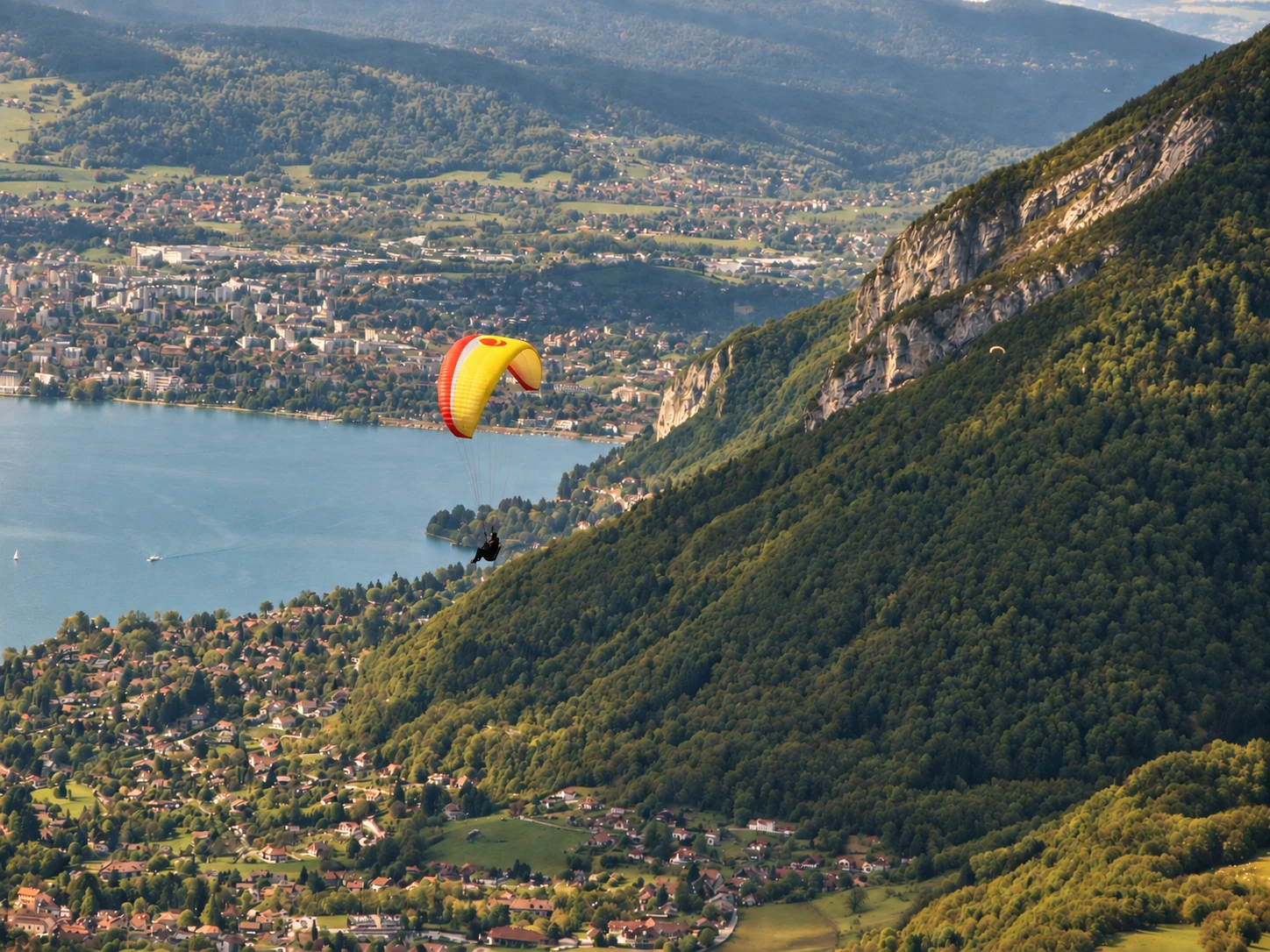 PRAYZ paragliding above Lake Annecy, France, in 2011 — artistic photographic treatment.