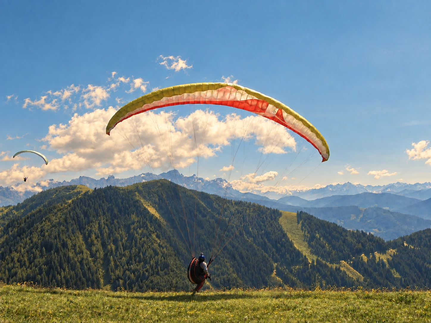 PRAYZ taking off with a paraglider in the Austrian mountains in 2011 — artistic photographic treatment.